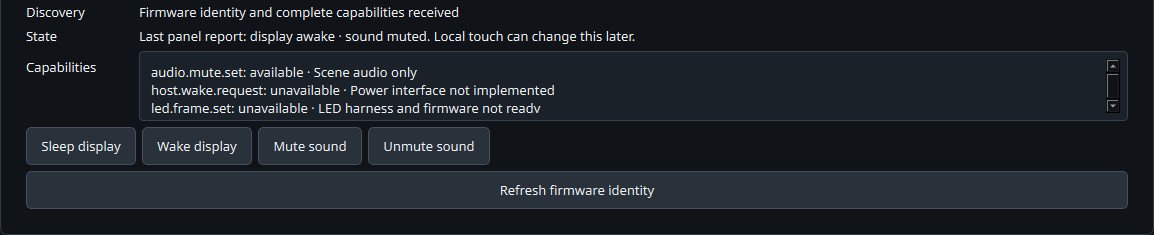Actual Windows companion controls, including display sleep/wake and scene-audio mute buttons and unavailable LED and host-wake capabilities.