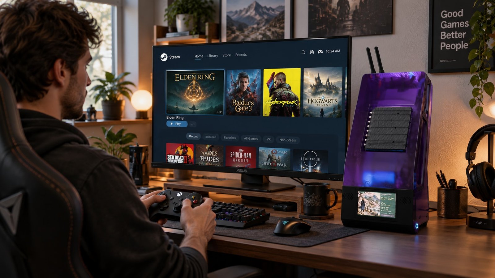AI-generated concept image of BC250 Ronin on a gaming desk beside a Steam library, with a seated player using a gamepad.
