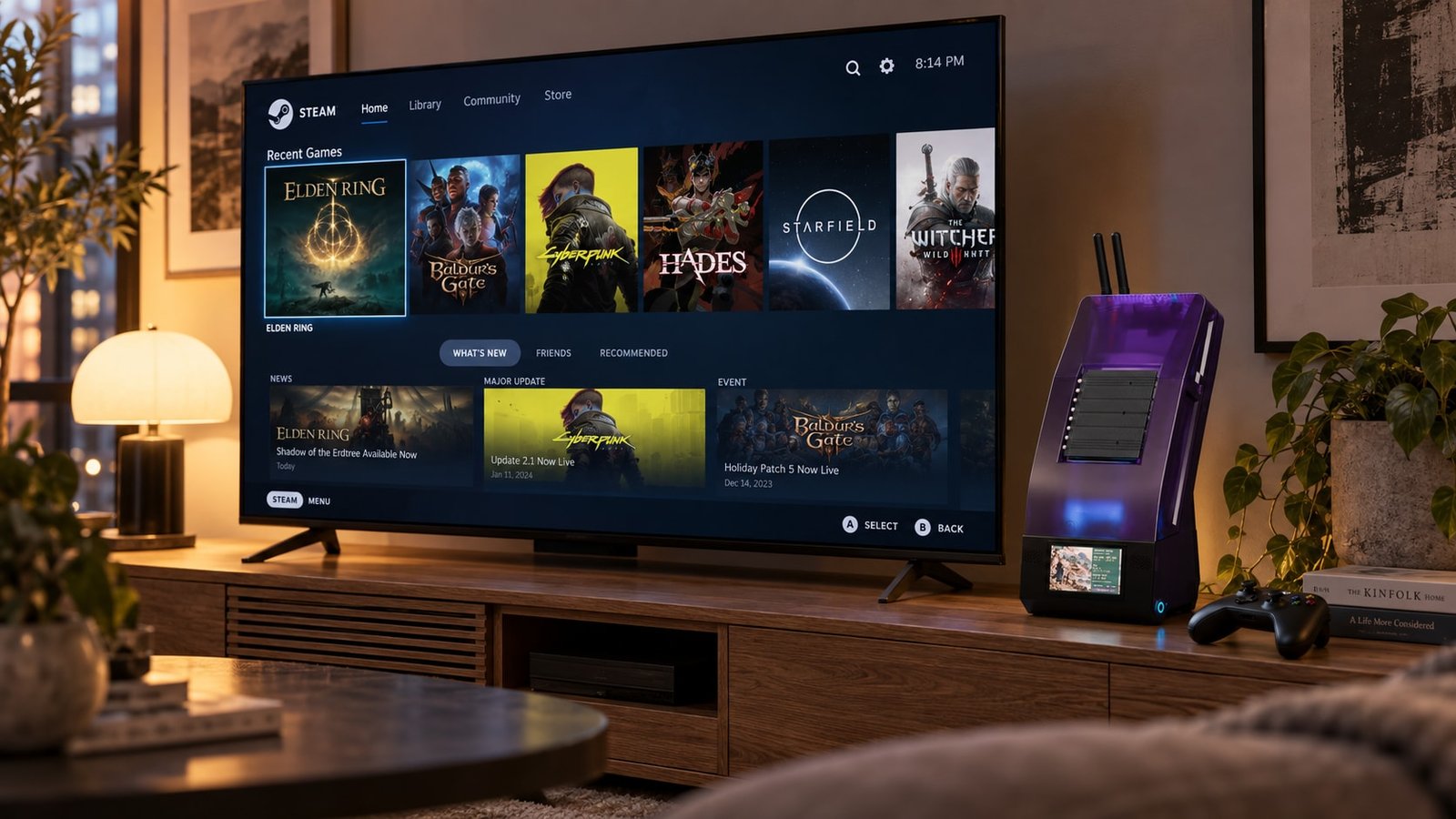 AI-generated concept image of BC250 Ronin beside a 55-inch OLED television displaying Steam, with a gamepad on the media console.