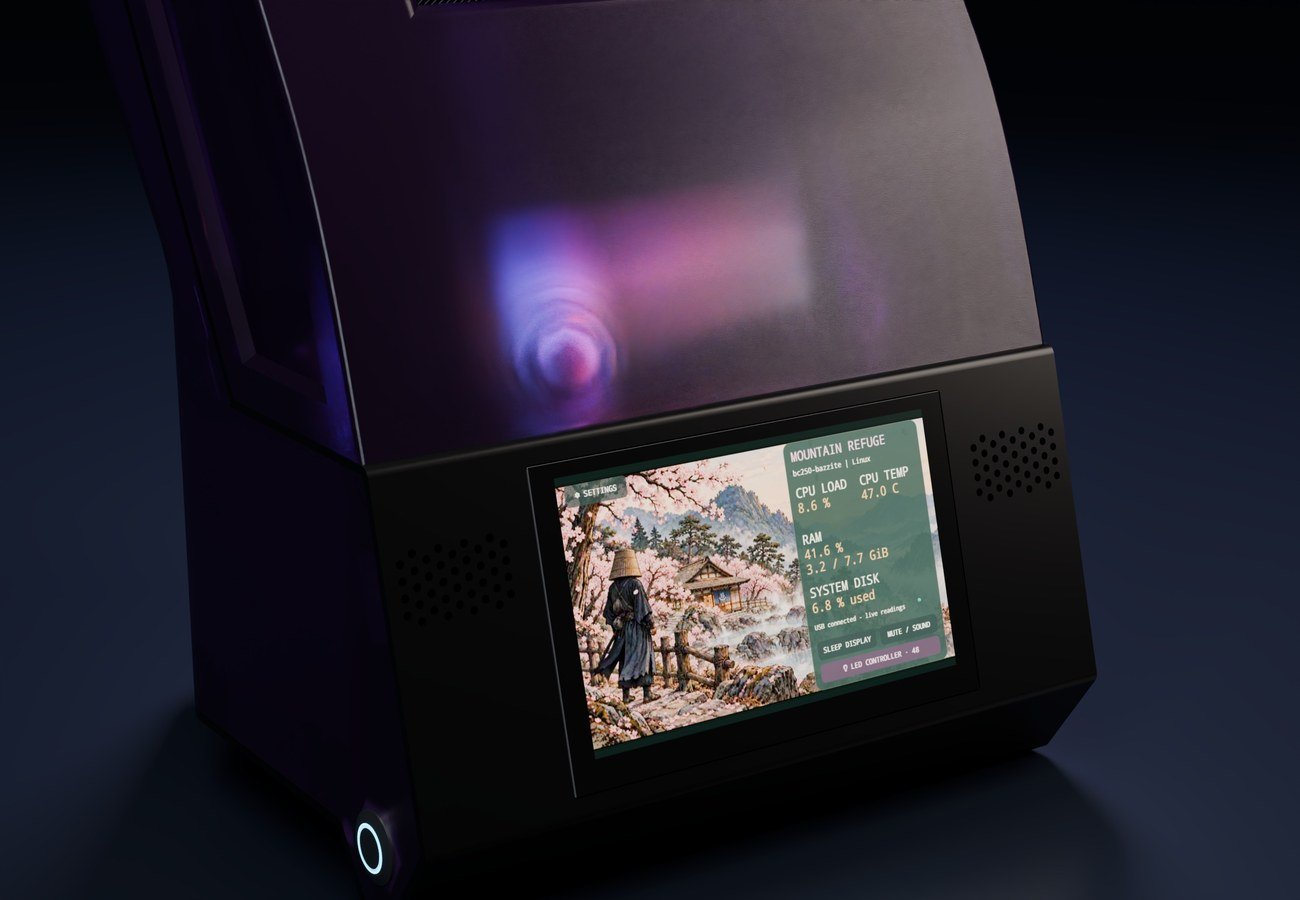 Original studio close-up of BC250 Ronin's resource display and RGB-lit enclosure.