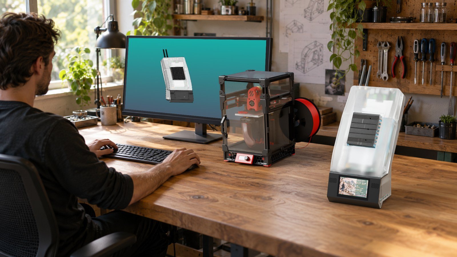 CAD-based render of Ronin on a maker desk next to a Voron V0.2r1 printer, with a monitor showing a case CAD view.
