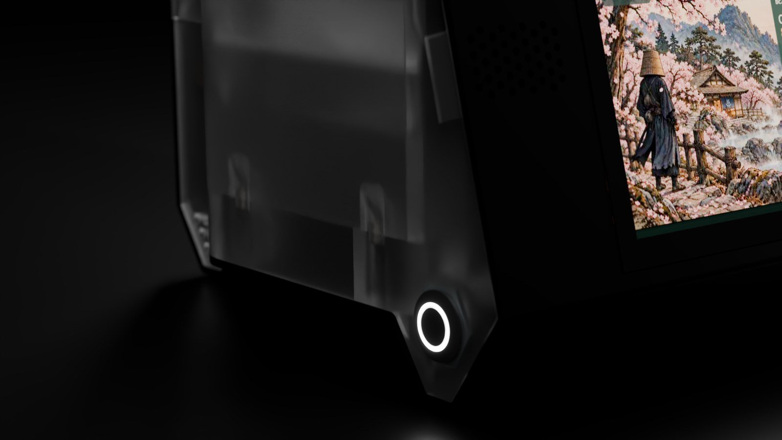 V6d CAD close-up of the main power button and its integral white indicator.