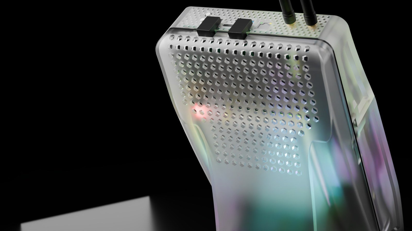 CAD-based close-up of Ronin's rear-cover hexagonal vent pattern.