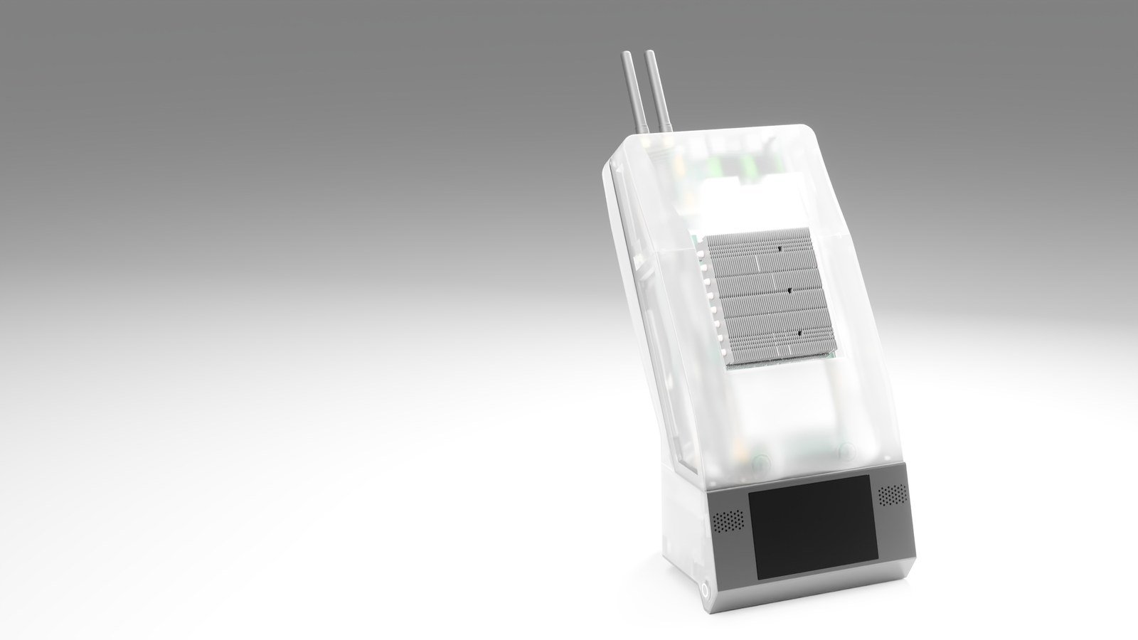 V6d Ronin CAD studio render with frosted enclosure and front touchscreen