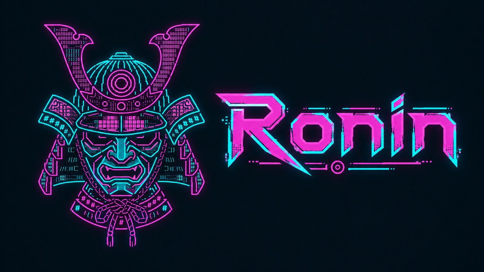 Ronin neon digital samurai helmet with a magenta and cyan cyberpunk wordmark.