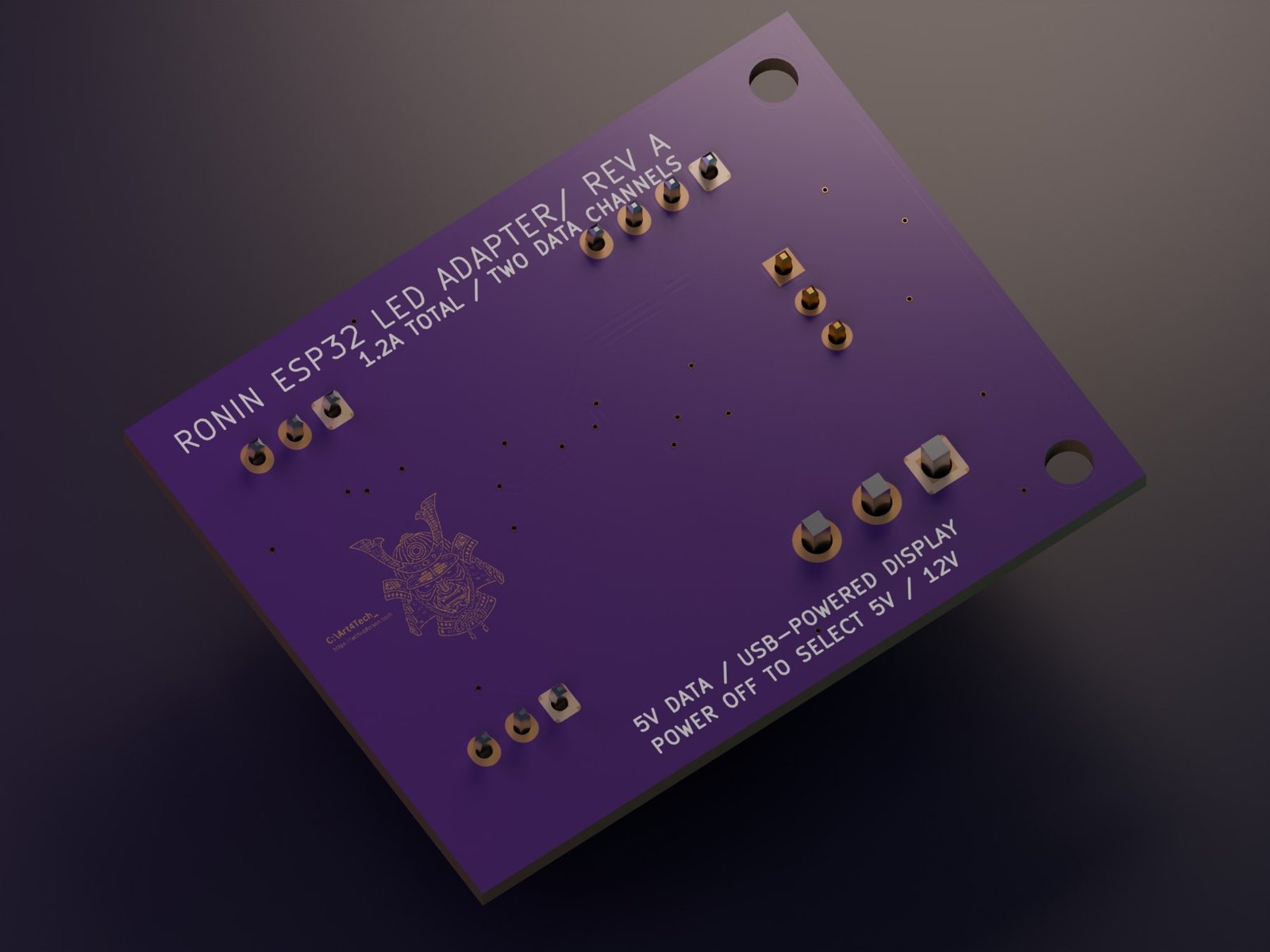Blender render of the Ronin LED adapter back, showing the gold-finish exposed copper logo and revised name.