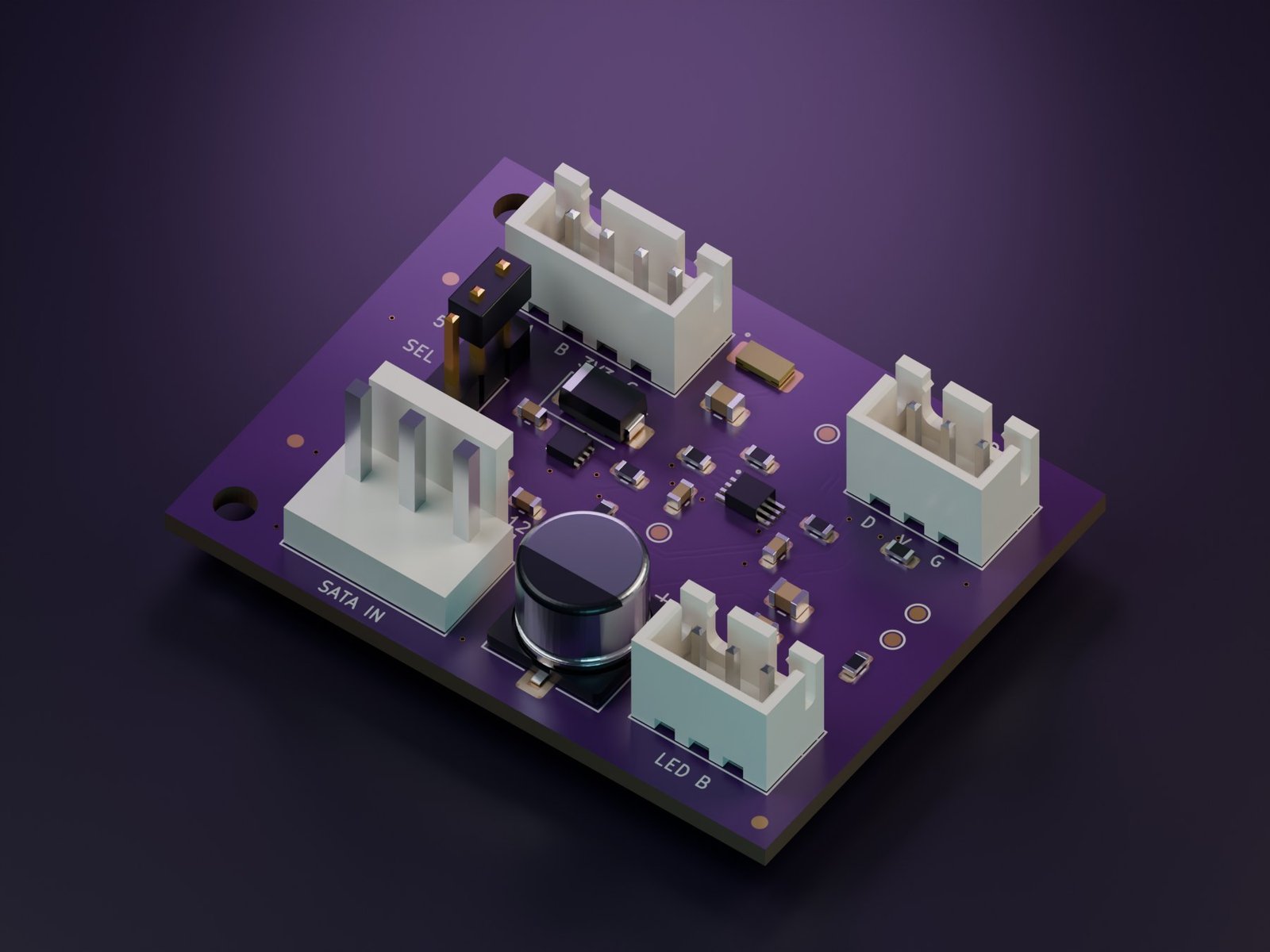 Blender render of the Ronin Rev A LED adapter top side, showing the display input and two LED outputs.