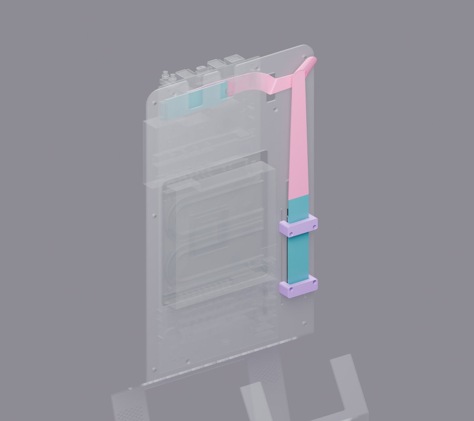Current-CAD locator of the NVMe extension and SSD, pink ribbon route and two lavender printed mounts, with the backbone and BC250 ghosted for visibility.