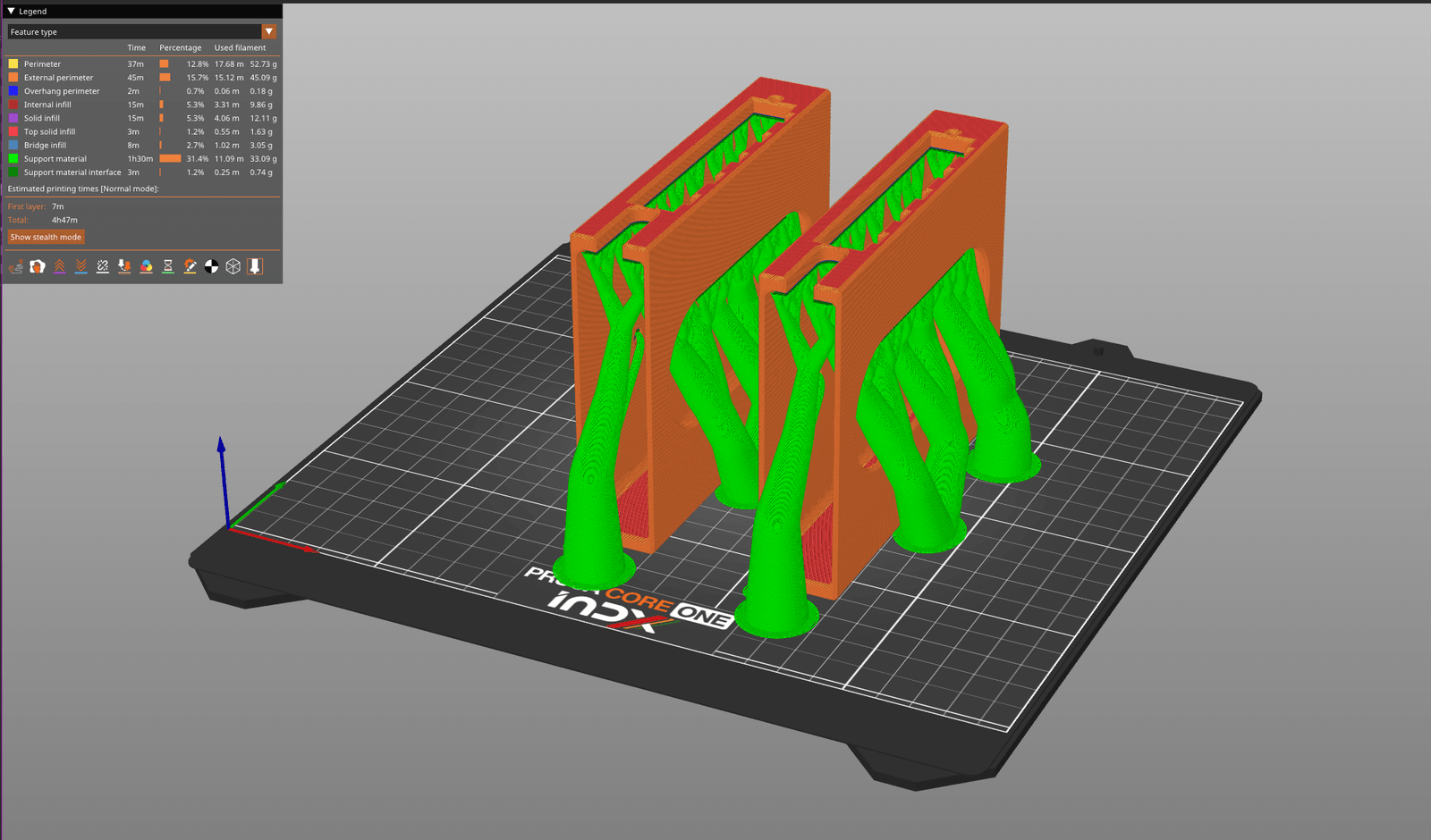 Actual slicer preview — two UniFi mounts Actual slicer screenshot showing two custom UniFi switch mounts on a Prusa CORE One build plate, with layer paths and green support structures visible.